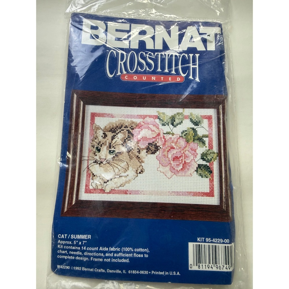 Bernat Counted Cross Stitch Kit Cat Summer Roses 5"x7" Sealed Vintage